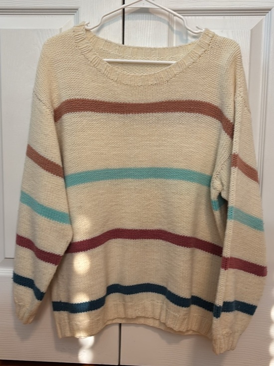 Sweaters - Hand Knit Vintage Cream Striped Women's Sweater - Cozy Casual Knit